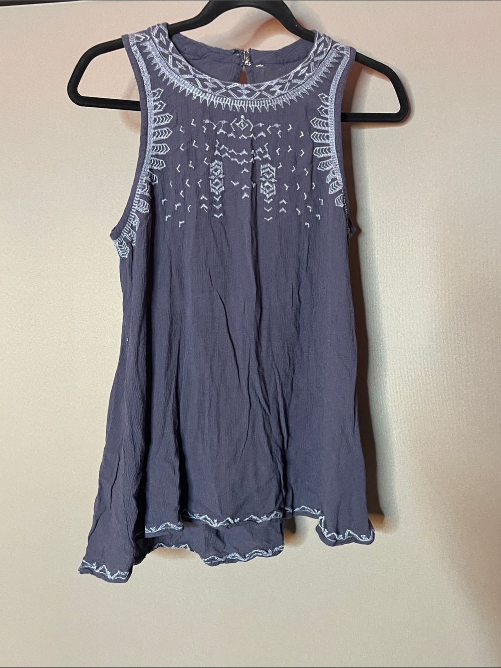 Embroidered Navy Sleeveless Swing Top